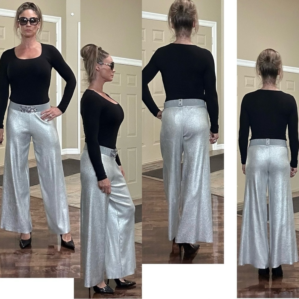 ZARA KNIT METALLIC FOIL SILVER WIDE LEG TROUSERS PANTS BNWT Sz M Bloggers Fave - Picture 6 of 17
